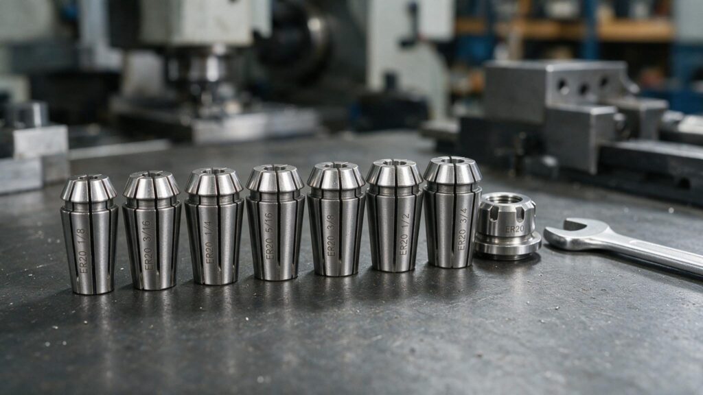 Juego de pinzas ER20 y tuerca de husillo CNC sobre superficie metálica