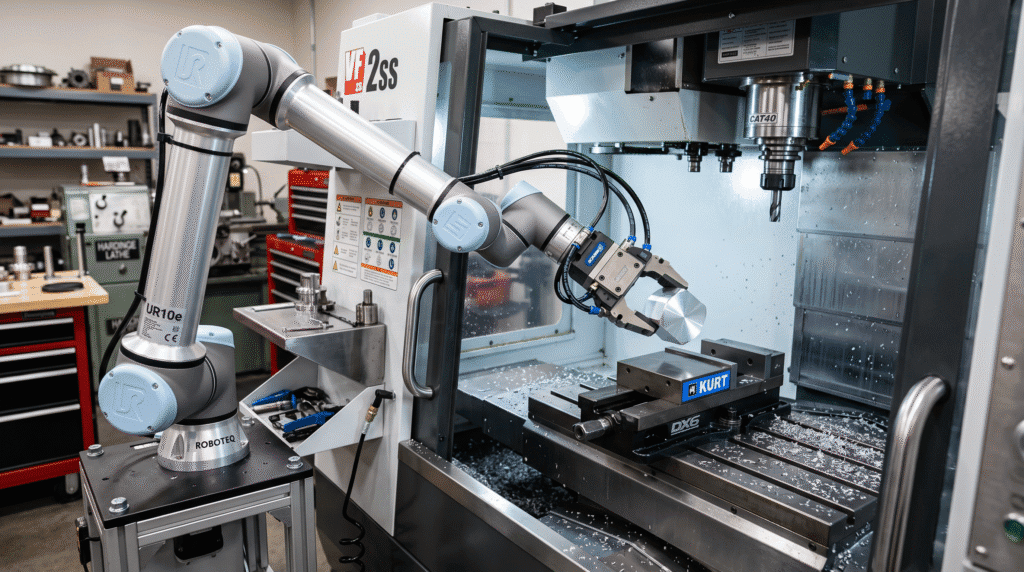 Cobots para máquinas CNC: guía práctica para pymes 2 Cobot con gripper doble cargando una pieza en la mordaza de un centro de mecanizado CNC