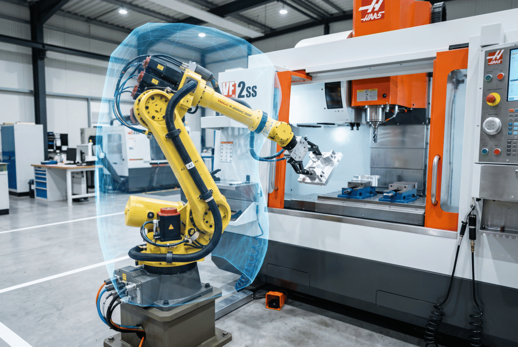 Cobots sin jaulas: qué dice la norma de seguridad 2026 3 Sensor 3D de tiempo de vuelo montado en techo proyectando una zona de seguridad virtual sobre una celda robótica sin vallas" title="Sensado 3D time-of-flight para seguridad de cobots sin jaulas