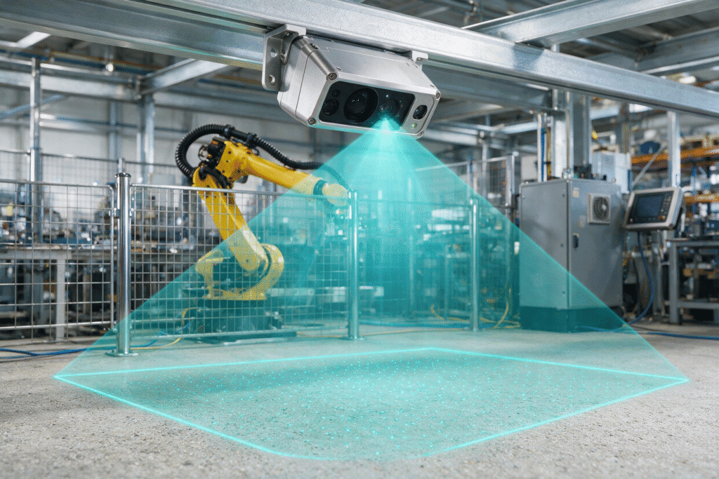 Cobots sin jaulas: qué dice la norma de seguridad 2026 2 Cobots sin jaulas: brazo robótico cargando una pieza metálica en un centro de mecanizado CNC sin vallado perimetral, con zona de seguridad 3D virtual